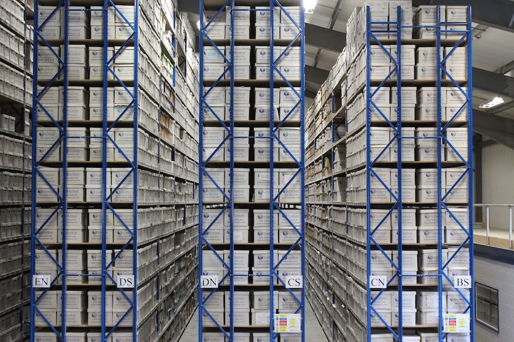 Boxes inside document storage facility