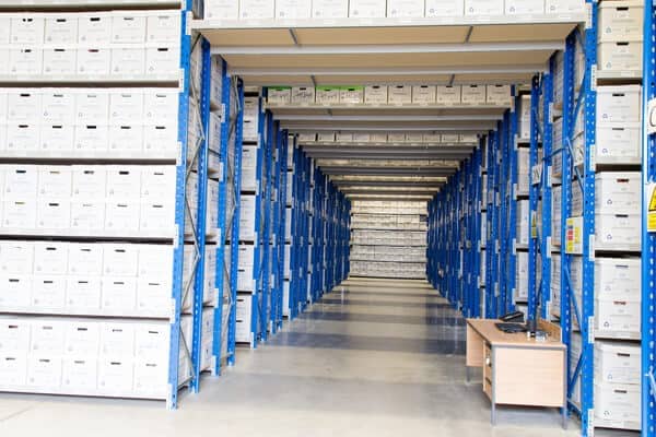 Document storage boxes in the warehouse racking